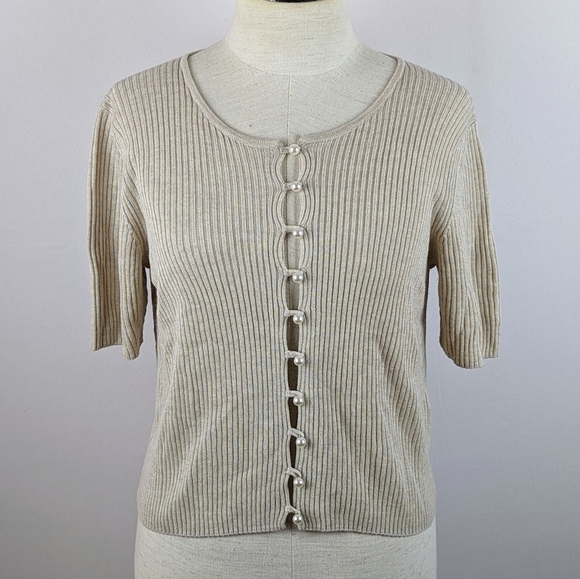 NAADAM Cardigan Faux Pearl Button Front Short Sleeve Silk Cashmere Linen M NWOT - Picture 1 of 12